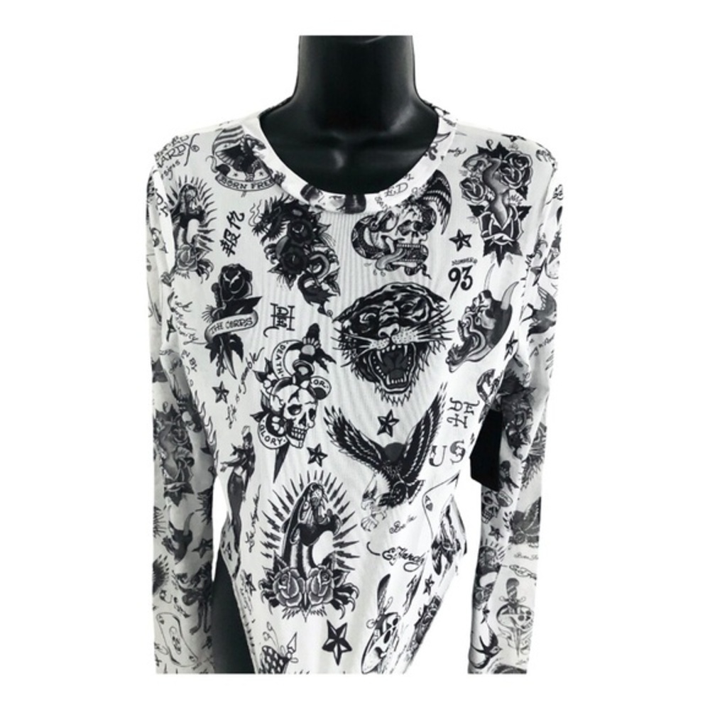 Ed Hardy white iconic Ed Hardy designs printed long sleeve sheer top size large